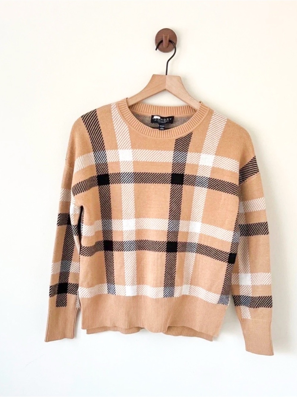 Shelli Segal LAUNDRY Classic Preppy Plaid Pullover Sweater Camel Women’s Small